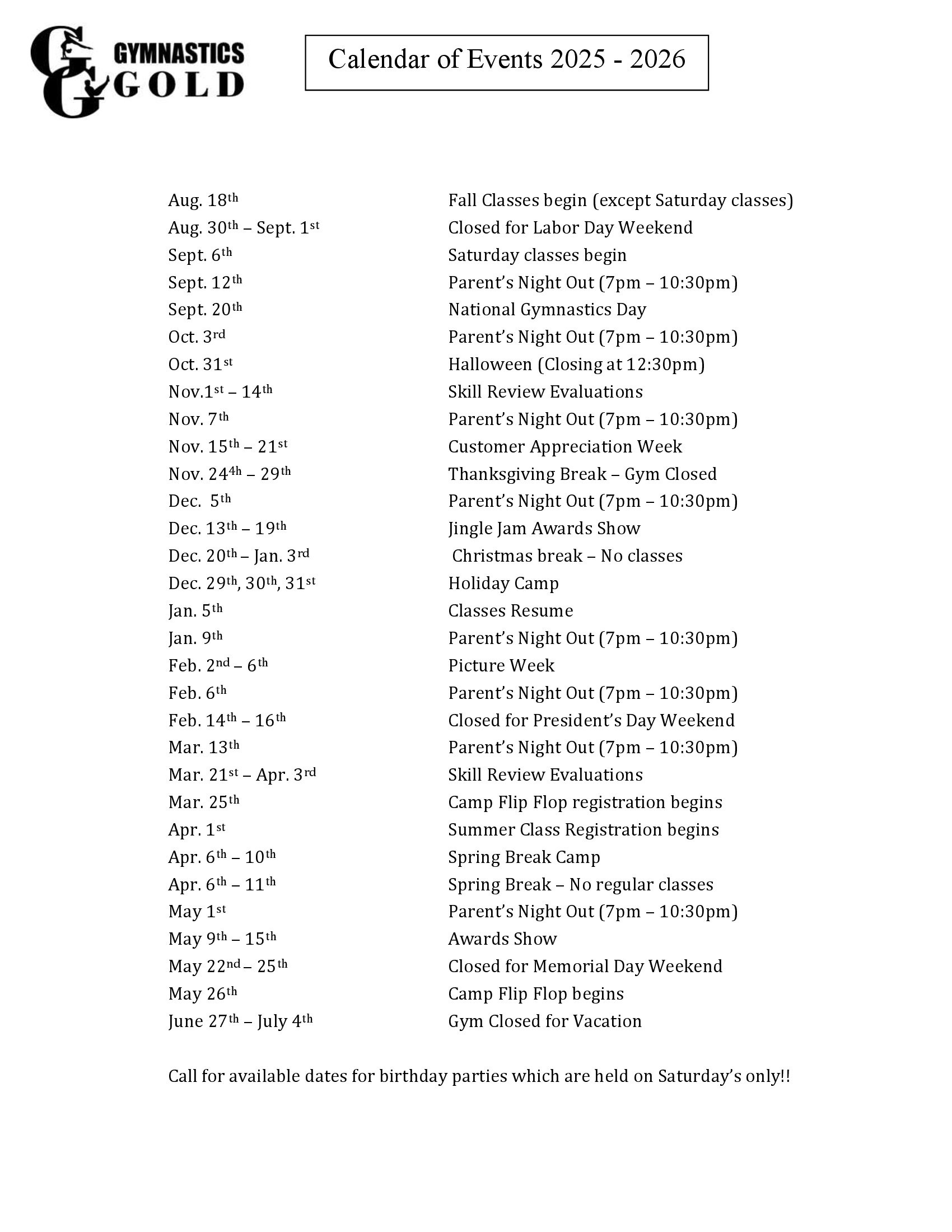 Gymnastics Gold 2022-2023 Calendar of Events