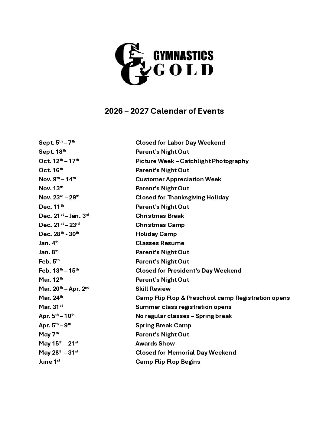 Gymnastics Gold 2022-2023 Calendar of Events